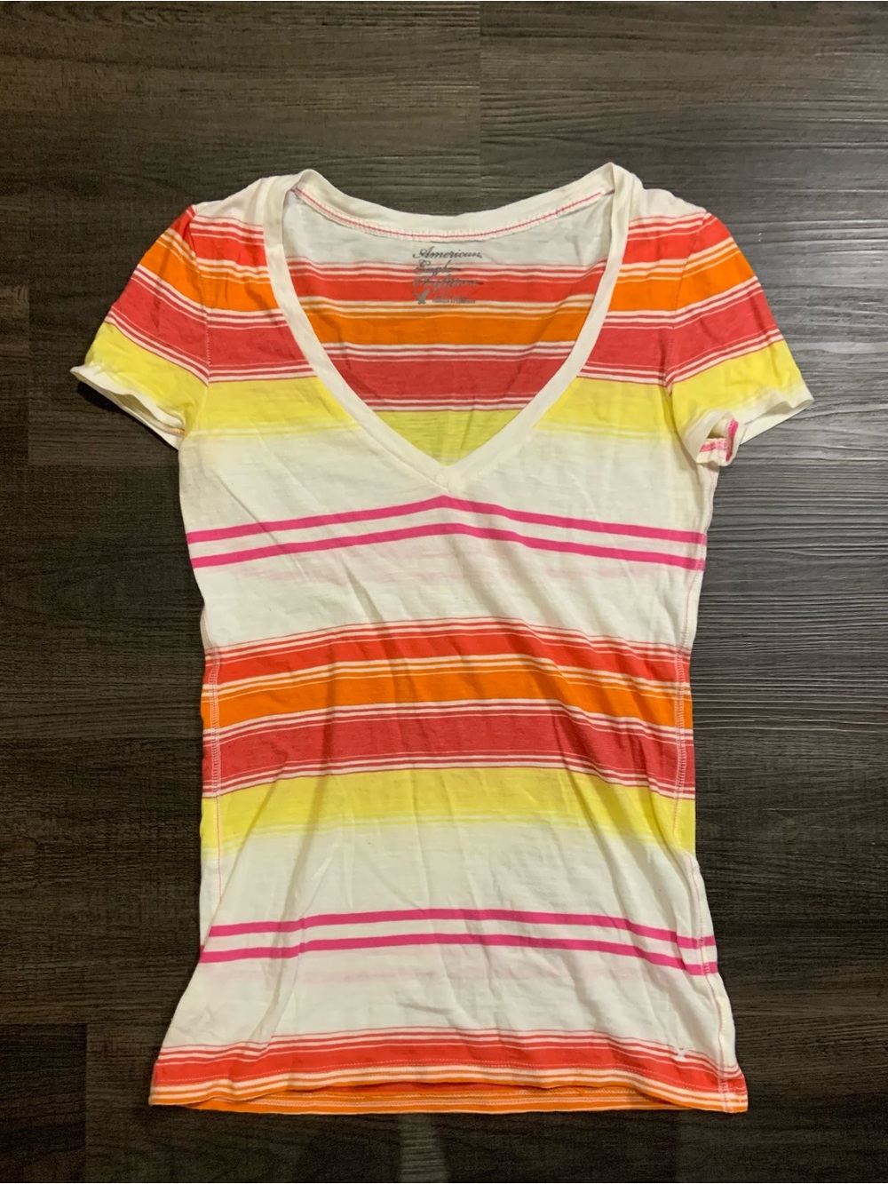 American Eagle Outfitters Striped V-Neck Tee in White, Pink, Orange & Yellow